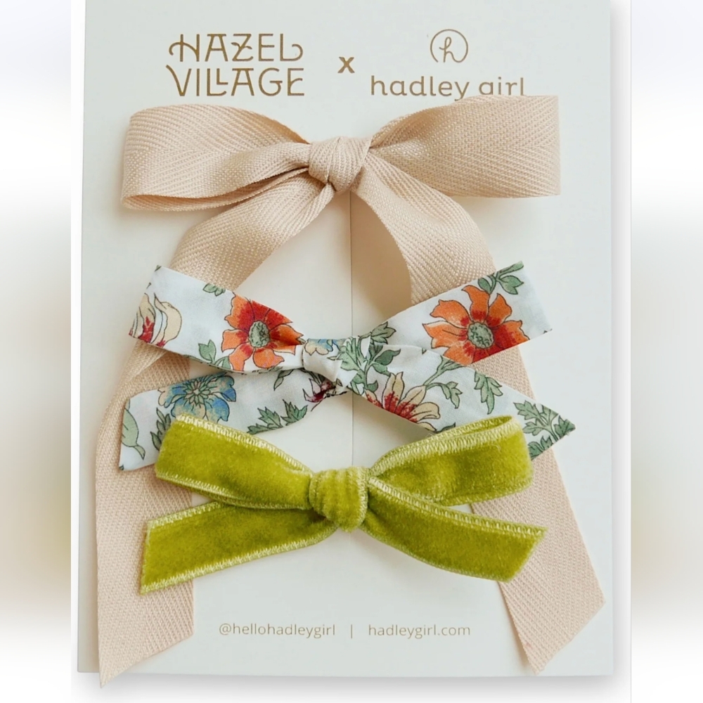 Hadley Girl Hair Bow Trio - Tan, Floral, Green